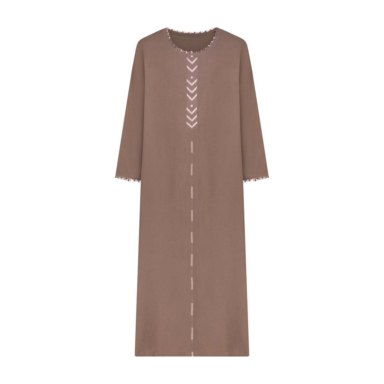 A long-sleeved brown tunic dress with white embroidered details on the front, including a vertical line of chevron patterns and a dashed line down the center, shown against a plain white background.