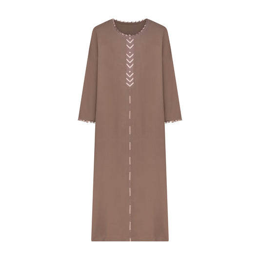 A long-sleeved brown tunic dress with white embroidered details on the front, including a vertical line of chevron patterns and a dashed line down the center, shown against a plain white background.