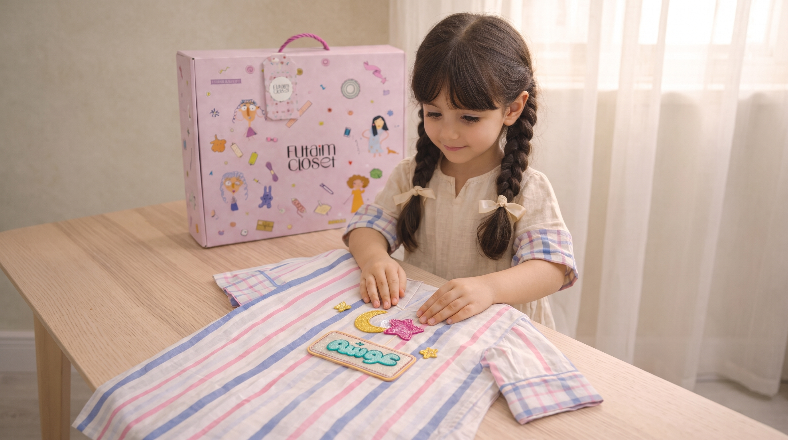 Design your own kandora — a girl arranging embroidered name patches on a striped Futaim Closet kandora